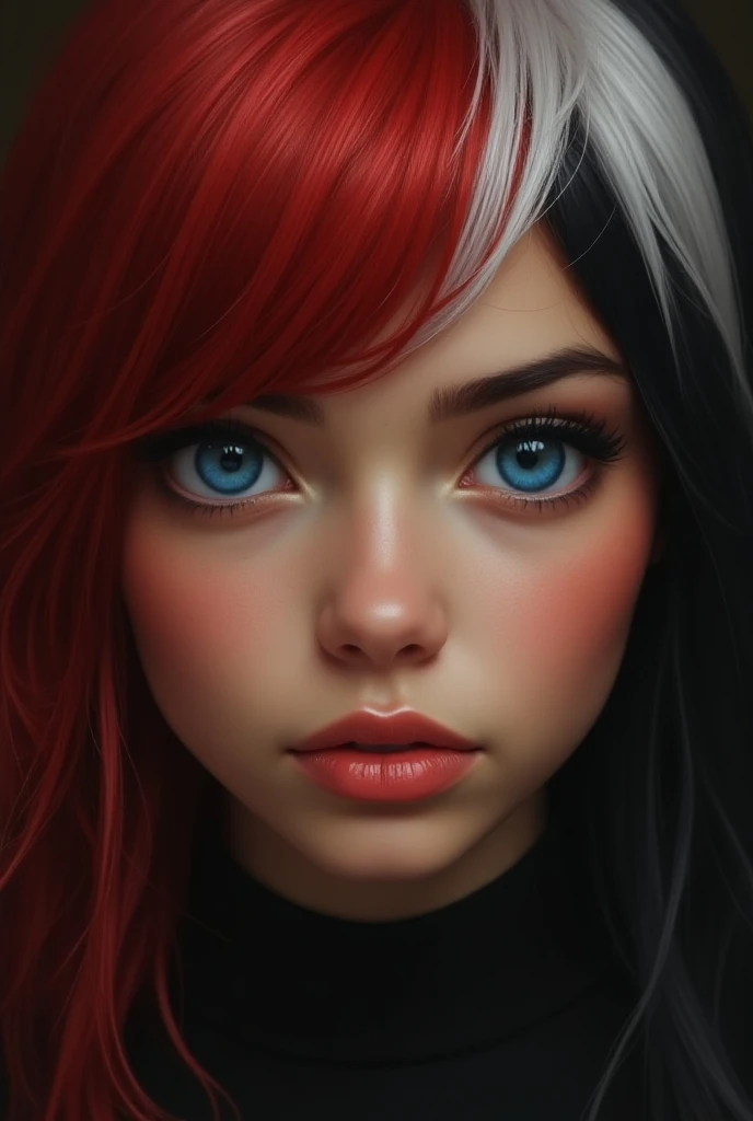  Beautiful mulatto girl with blue eyes and red hair, black highlighting, white lock at the face 
