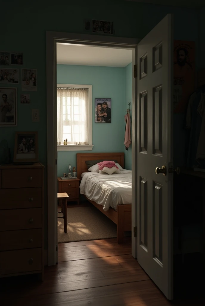 In a house where inside there a teenage party in a house, dividing at the .half. a door between open ,  on the other side a piece ,  with a bed and a bedside table ,  above a photo of a couple of men 