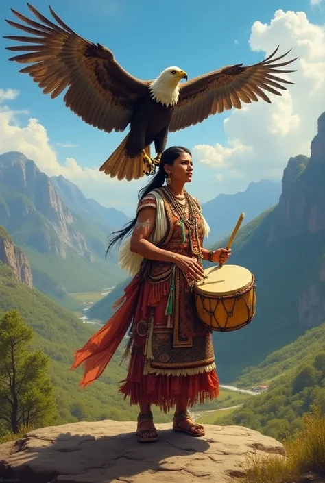 42 year old woman in a native dress from the south with drum and accompanied by the spirit of the condor