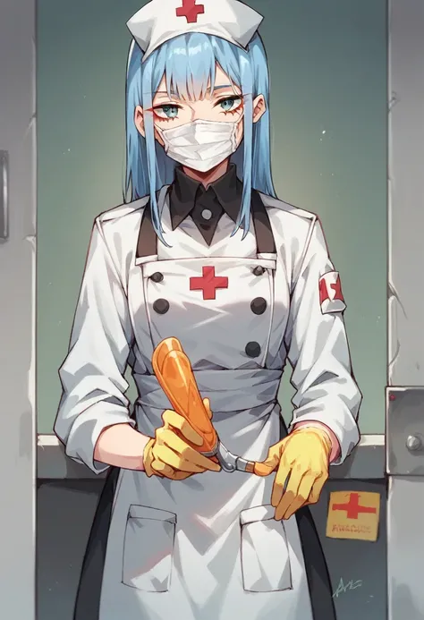 Darling In The Franxx anime, zero two  (( yellow long medical gloves)), (paramedic uniform), ((long sleeves)),   Looking at the viewer , standing, One, black medical mask, medical apron 