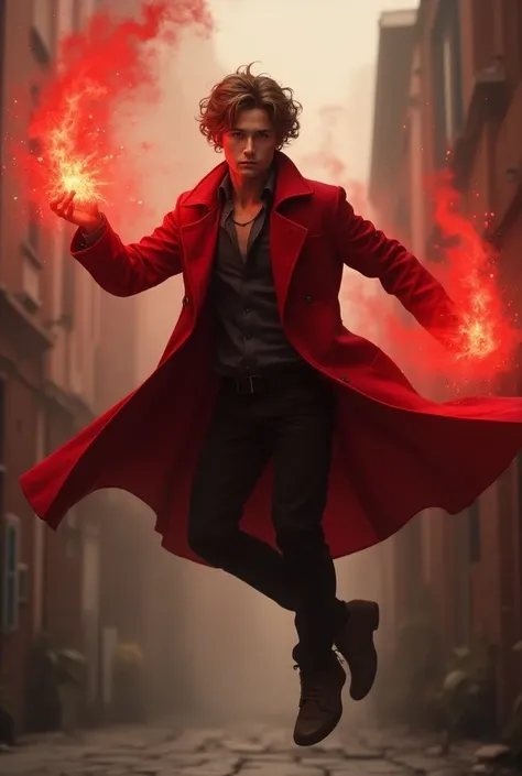 Young light brown white man with crimson magic wearing a crimson trench coat and black pants flying on one side 