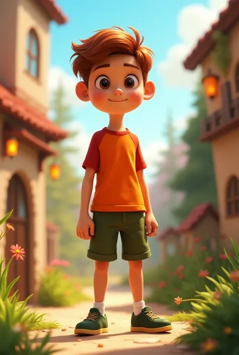   light skin brown eyes reddish brown hair Clothing: T-shirt.orange and red olive green shorts, dark green shoes Disney Pixar