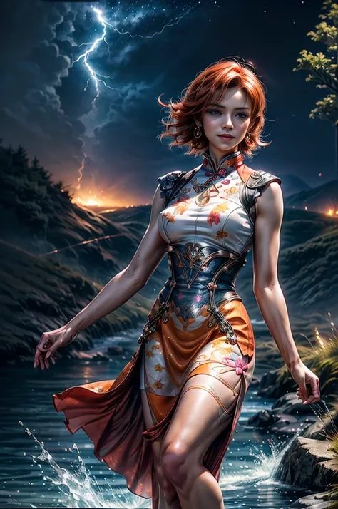 1girl,cowboy shot, dynamic pose, beautiful (nora_valkyrie), looking at viewer, smiling, lips, short hair, blue eyes, orange hair, hoop earring, floral print qipao Dress, black nail, night, stars, walking in a field, waterfall in the background, river, ligh...