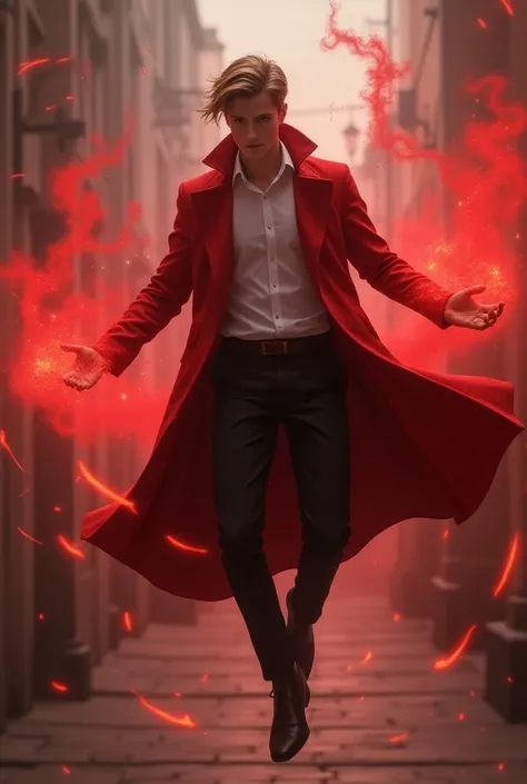 Young light brown white man with a nice haircut with crimson magic wearing a crimson trench coat over the white shirt he wears and black pants flying on one side 