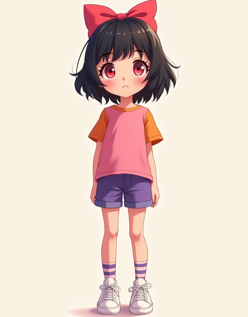 a girl 9 years with black hair, her head with a bow, stockings, light skin and pink eyes, pink shirt, clothes, Violet shorts - pink and blue striped socks, white. tenis and A   light skin brown eyes reddish brown hair Clothing: T-shirt.orange and red olive...