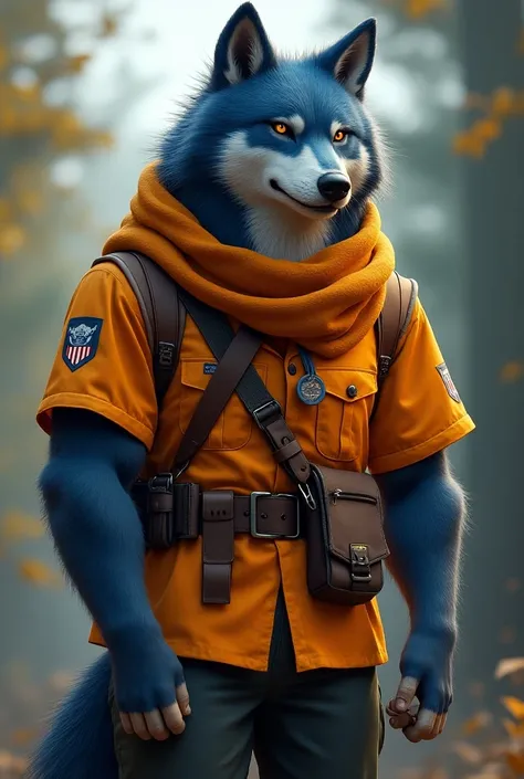  werewolf-shaped hero ,  wearing a scout outfit in the colors orange and blue, with scarf around the neck  