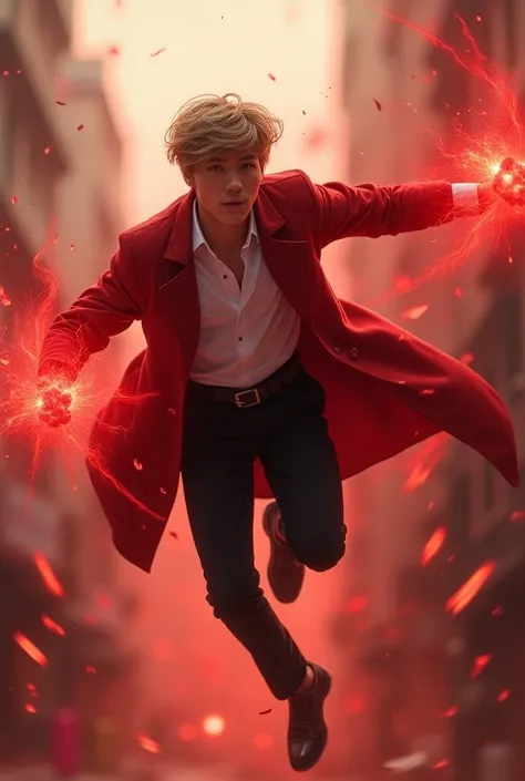 Young light brown white man with a nice haircut with crimson magic wearing a crimson trench coat over the white shirt he wears and black pants flying to the right 