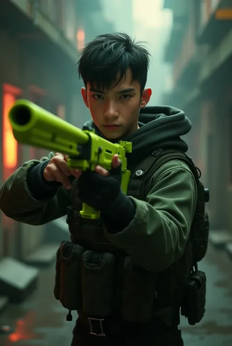 young man , high , slender, wearing tactical clothing holding a twin-barreled lime 12 shotgun 
