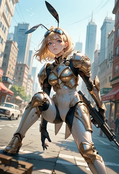 (high resolution)( moonlight, city,)　1gial (Blonde hair and blue eyes）（armored bunny suit 、large antennae、 half face goggles 、 armor boots with thrusters)()((holdingCarrot large launcher))）