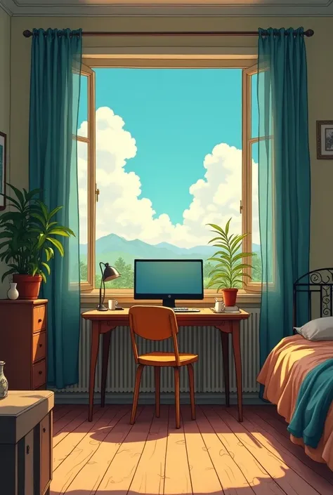 Draw an anime in Tintin style, a simple art of the interior of a bedroom in an old apartment, computer and chair, sunlight coming in, beautiful sky, Beautiful color palette,