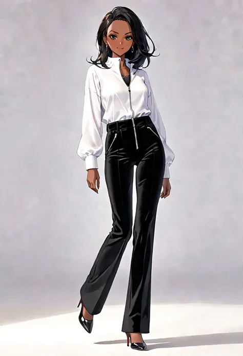 70-year-old Woman Dark skin Black straight hair Black velvet pants with a zipper on crotch White shirt Walk forward Smirk