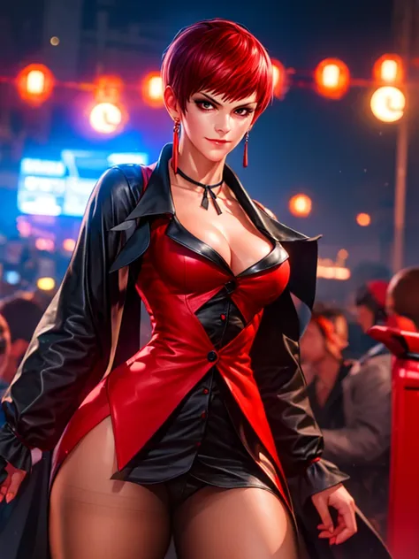 Woman in her 30s, alone, alone, athletic, very short red hair, ultra detailed, looking furiously at viewer with very upset eyes, angry gesture, has demonic costume, full body, digital art, moonlight, young woman, hands perfect and beautiful. with perfect f...