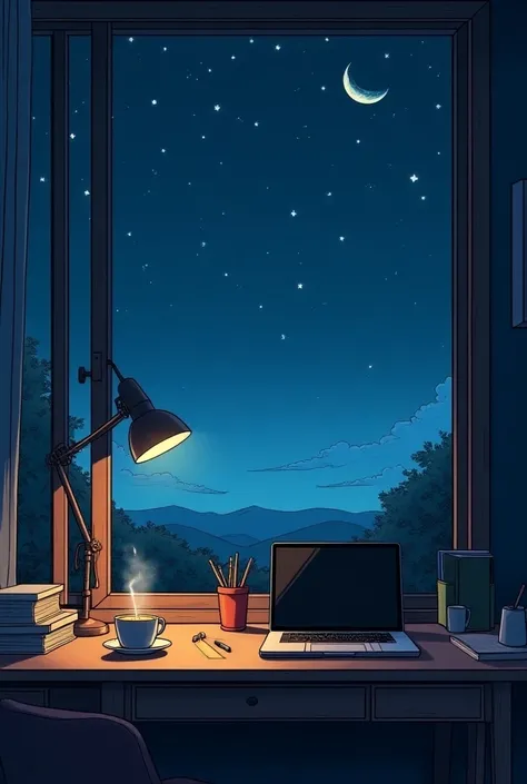 Draw an anime in Tintin style,  a simple art of a desk with books, a cup of coffee, computer and chair all organized , moonlight, beautiful sky, Beautiful color palette,