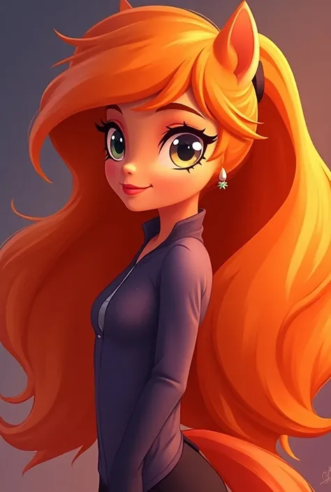 eqg Adagio Dazzle with luminos vivid orange hair color  as Teodor Ciupe   female with the the model of eqg sonata dusk with ponytail 