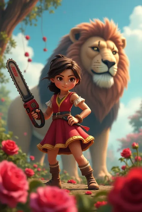 Lion   fille Disney   qui tien une tronçonneuse et qui coupe des rose 