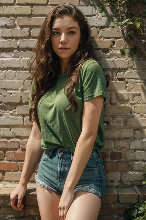 Woman with long, curly hair and green eyes, wearing denim shorts and a green shirt, leaning against a brick wall.

