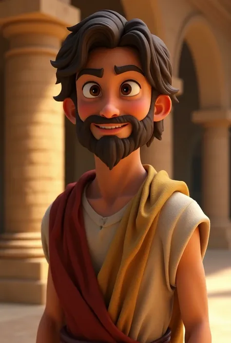 Make a 3D cinematic cartoon like Photo of a biblical character Joseph looking in front of the camera , one of the most striking figures in the Bible, found in the book of Genesis.

