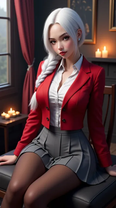 Sexy girl , Pure white long hair, ring braid, red lips, soft and glowing skin,  school uniform, redblazer, White shirt, Gray folded skirt, Brown tight, posting, on sofa, Full body , Dark tone, In a room decorated in Halloween style, 3D , 3D render 