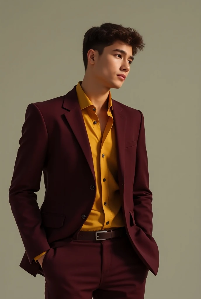 Deep wine color suit and mustard yellow color shirt wearing young men