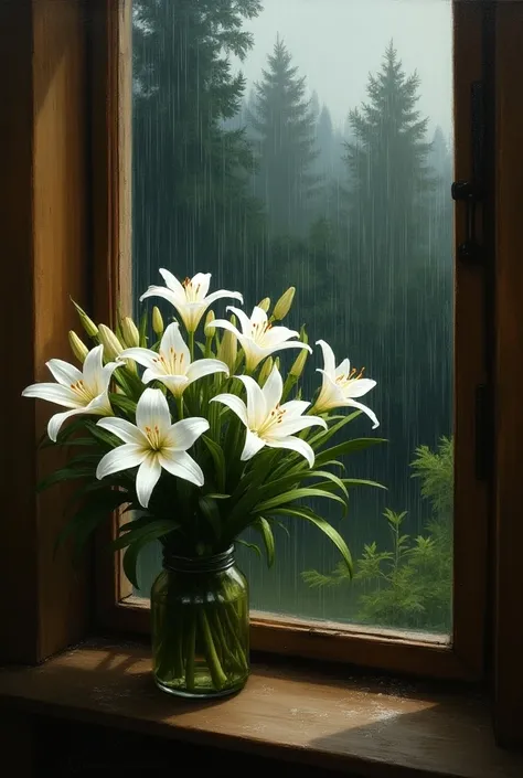  A painting with a Renaissance-style painting with visible brushstrokes with white lilies centered inside a house in front of a rain-soaked window outside with a melancholic and natural environment, full of trees, The rainy climate leaves the environment d...