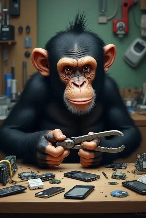  Create a humanized chimp monkey repairing phones on a work table, With pliers with haircut hands by Anuel 