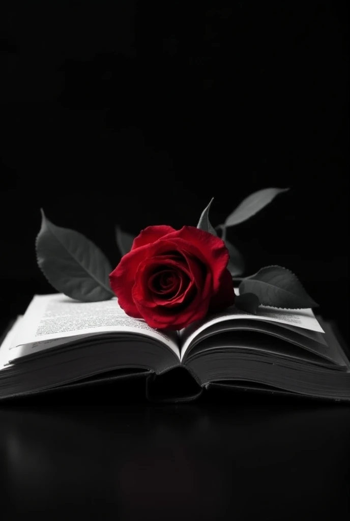 white and black image with a open book with a red sexy rose positioned in a inclined way