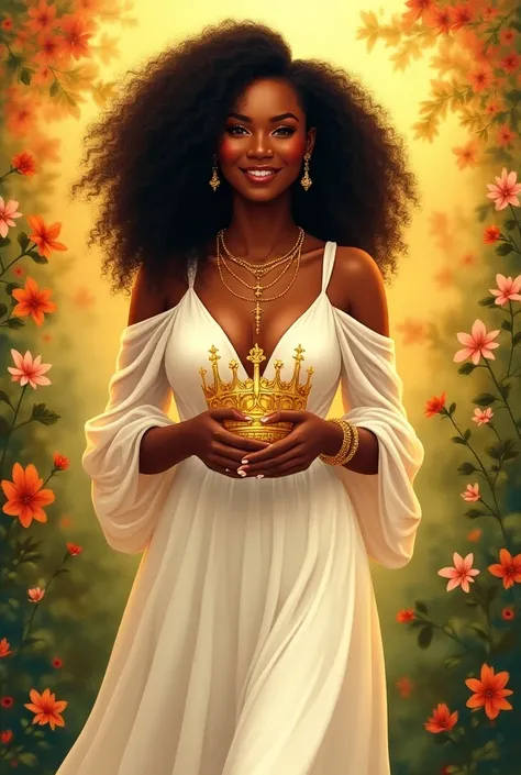 in the image,  we see a smiling black woman with lush curls , Their curly curls are well defined and nourished. She wears a long white dress.

 The woman on the cover is standing in front of the camera with her shoulders slightly raised ,  exuding a confid...