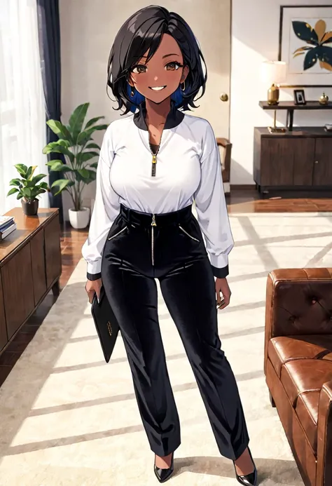 70-year-old Woman Dark skin Black straight hair Black velvet pants with a zipper on crotch Big rear White shirt Living room Walk forward Smirk