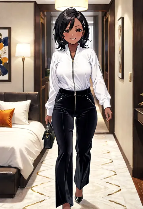 70-year-old Woman Dark skin Black straight hair Black velvet pants with a zipper on crotch Big rear White shirt Living room Walk forward Smirk