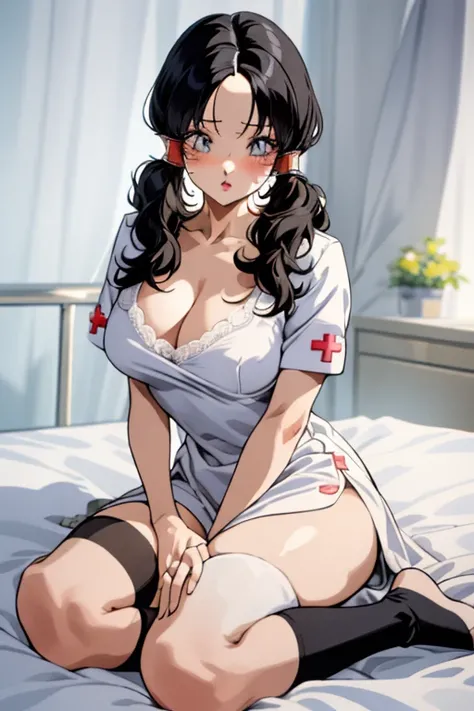 nursing，cortina，1 girl，  nurse dress  , nurses，  white dresses，  masterpiece，super detailed ,  The best quality  ，Its very detailed  ，cleavage，  big breasts，pigtails, full body, knee high stockings, se ke ve thong color rosado,
