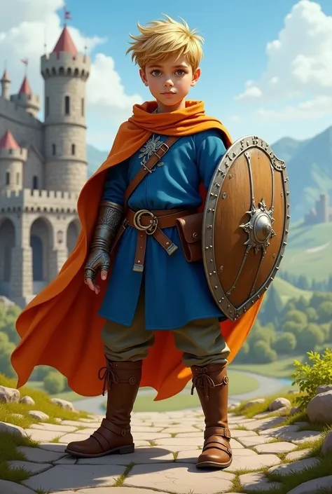 Medieval hero boy with blue clothes and orange cape shield in his hand