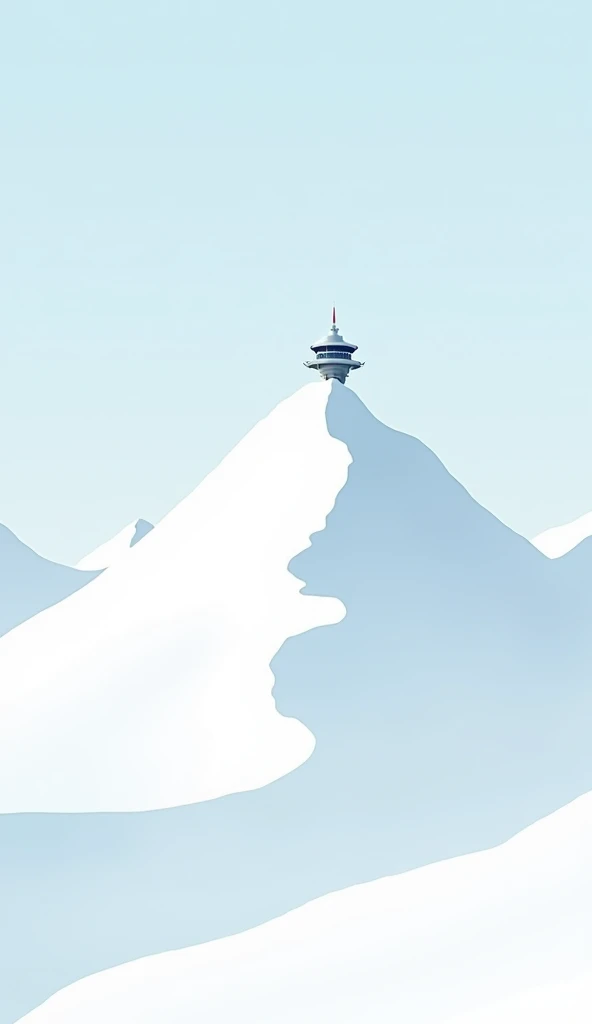 Illustrate a minimalist view of Jungfraujoch in Switzerland. Focus on the vast glacier, with sweeping white and light blue tones to represent the ice. Use simple geometric shapes for the snow-covered peaks, and minimal detail for the observatory structure ...