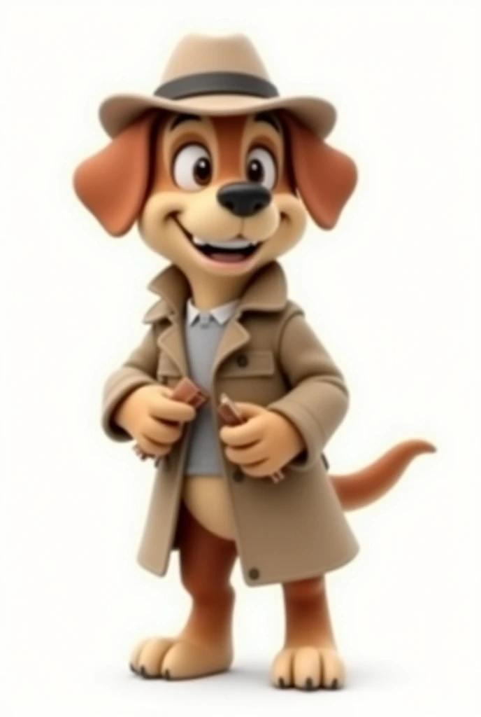 a cute 3d cartoon - A dog in a fedora and a trench coat, carrying a notebook and a pen. White background 