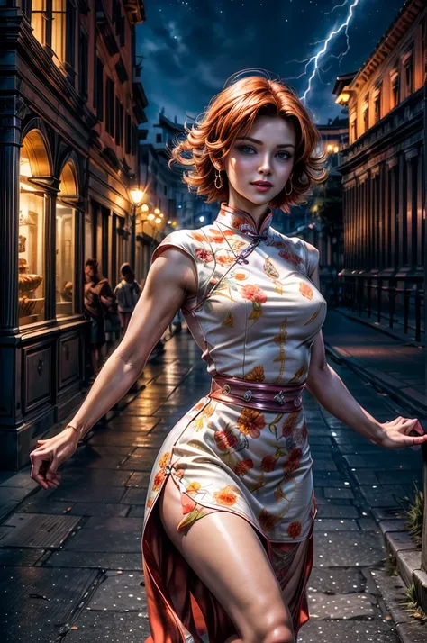 1girl,cowboy shot, dynamic pose, beautiful (nora_valkyrie), looking at viewer, smiling, lips, short hair, blue eyes, orange hair, hoop earring, wearing a floral print qipao dress, black nail, night, stars,standing near The Colosseum in Rome, lightning stri...