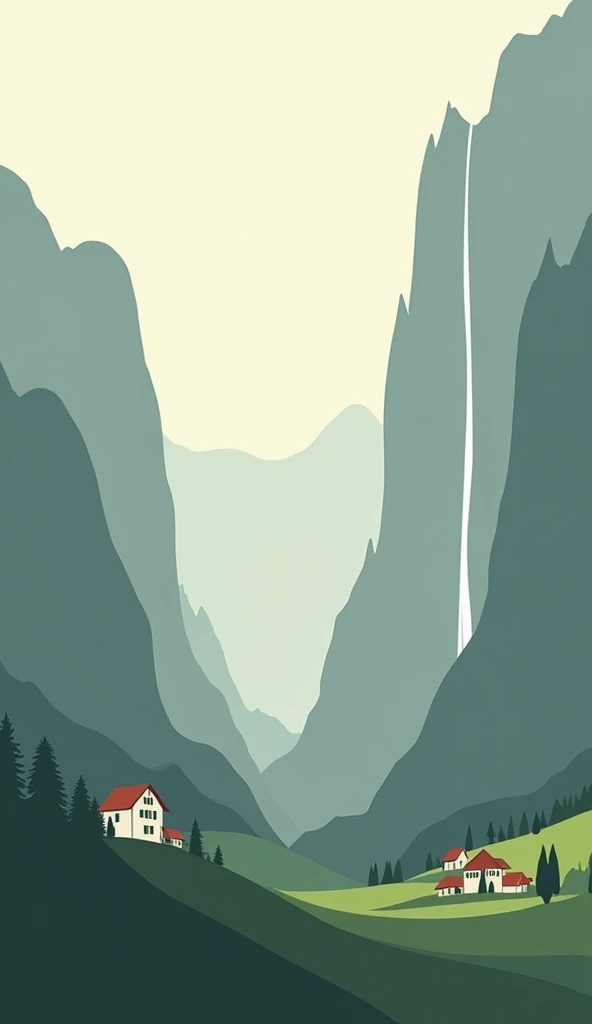 Illustrate the Lauterbrunnen Valley in a minimalist style, highlighting its towering cliffs and the famous Staubbach Falls. Use clean, vertical lines for the cliffs, a simple, flowing line for the waterfall, and muted greens for the valley below. Include a...