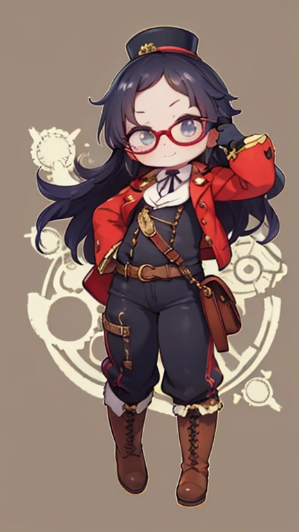 1.Steampunk,,glasses on her forehead ,Fake smile,gloves,whole body,boots,pants,Have, ，
Prepare