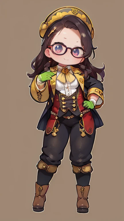 1.Steampunk,,glasses on her forehead ,Fake smile,gloves,whole body,boots,pants,Have, ，
Prepare