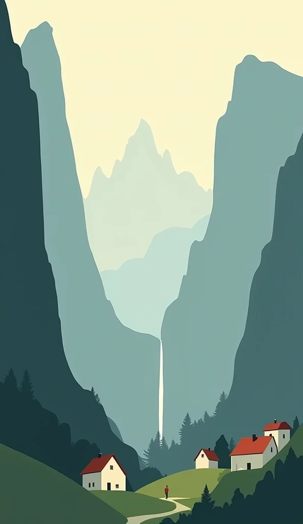 Illustrate the Lauterbrunnen Valley in a minimalist style, highlighting its towering cliffs and the famous Staubbach Falls. Use clean, vertical lines for the cliffs, a simple, flowing line for the waterfall, and muted greens for the valley below. Include a...