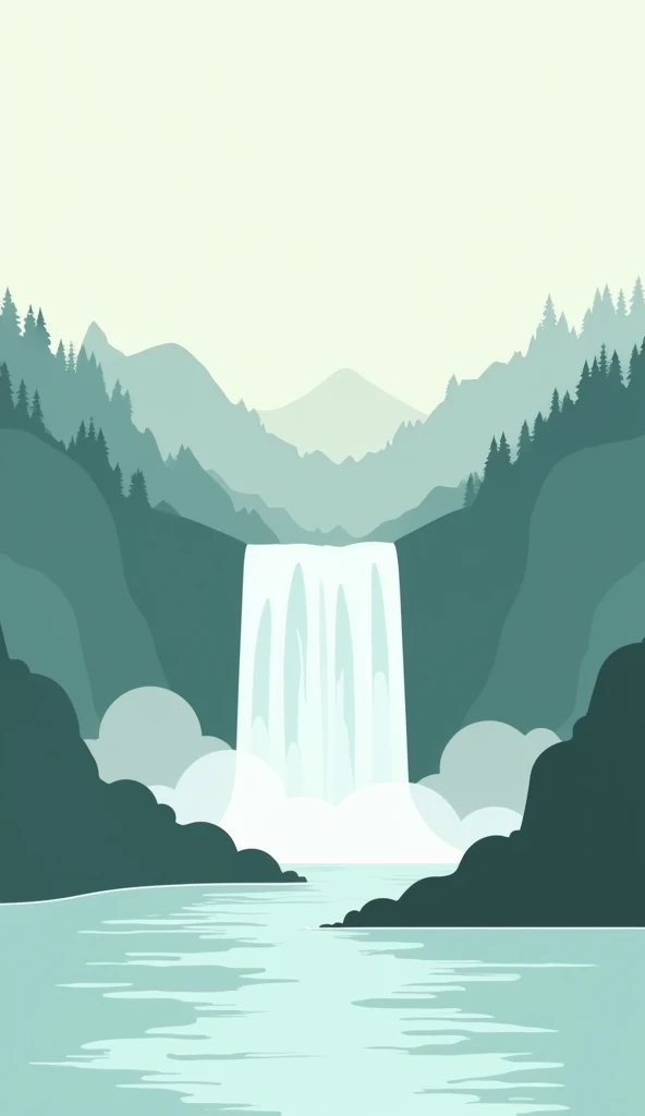 Design a minimalist illustration of the Rhine Falls. Represent the waterfall with simple, flowing curves and layers, using soft whites and blues for the cascading water. The surrounding landscape should feature minimal green shapes for the forest and cliff...