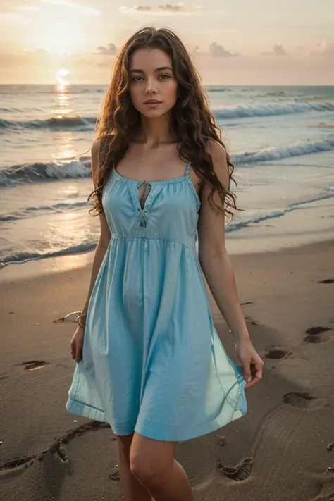  Woman with long, curly hair and green eyes, standing on the sand at a beach at sunset, wearing a light blue sundress.




