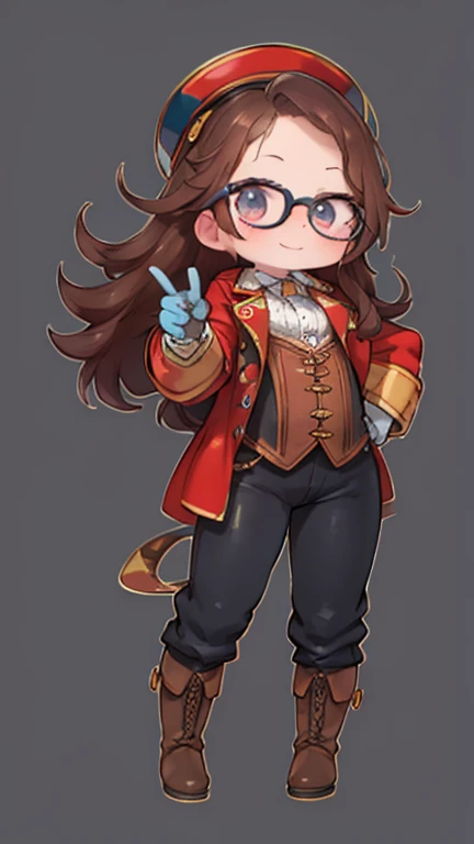 1.Steampunk,,glasses on her forehead ,Fake smile,gloves,whole body,boots,pants,Have, ， mechanical background:1.3，