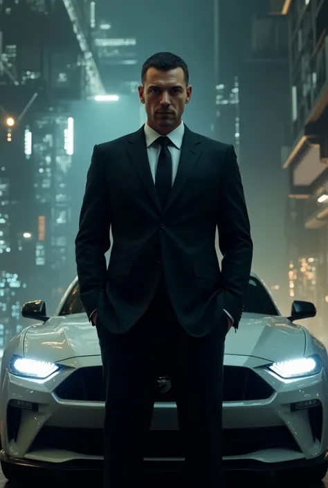 Create Tom Hardy from the movie Legends with a sports car in the background and the futuristic-type background 