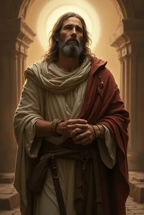 Realistic image 
In Israel, Prophet Isaiah focusing on the face and the background of the image depicts Jesus Christ in medieval style, the savior.