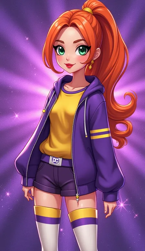 (Close up), (Close up from top of head to bottom of thigh) ((Barbara from DC Super Hero Girls 2019)), Barbara is a tall, slim and fair-skinned teenager with rosy cheeks, bright-emerald eyes and long, hot-orange hair with a brighter-colored ombre on the bot...