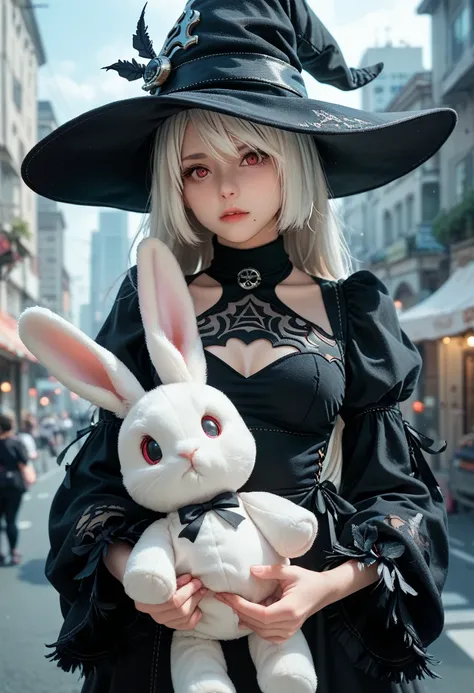 (high resolution)( moonlight, city,)(Nier:automata)　２b（witch costume、wide-brimmed witch hat)()((holding super giant rabbit stuffed toy))）