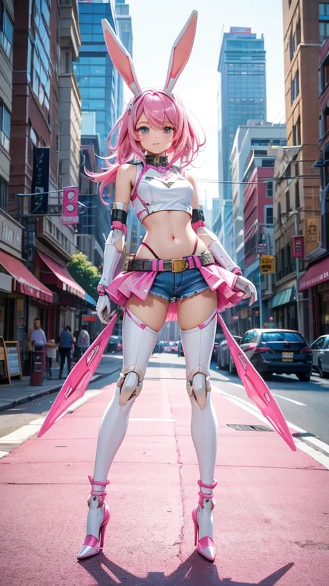  Pink Hair Female Robot，Rabbit ears，Chest，mechanical joint，Pink Full Body Armor，slim figure，Sleeveless top，Denim skirt，Bare waist，Thin legs，High heels，City