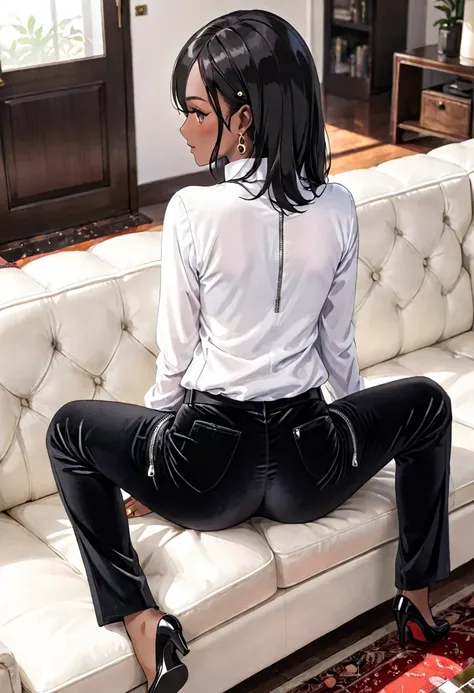 70-year-old Woman Dark skin Black straight hair Black velvet pants with a zipper on crotch Big rear White shirt Living room Sitting on a sofa View from behind Smirk