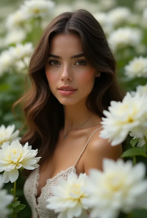 Woman of 1,53 tall
Oval face ,  small
Dark brown eyes
Long curly hair, medium brown ,  in a white flower garden
Brazilian 
