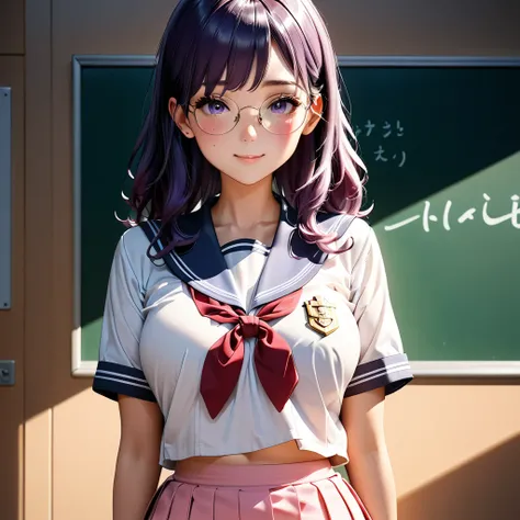 beautiful, perfect eyes, perfect face, perfect lighting, 1girl, wide hips, schoolgirl sailor uniform, white blouse, pink skirt, shy smile, thick round glasses, cheeks blushing, absurdres, [perfect shadows and lighting] detailed background, incredible high-...