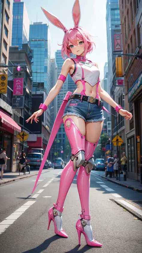  Pink Hair Female Robot，Rabbit ears，Chest，mechanical joint，Pink Full Body Armor，slim figure，Sleeveless top，Denim skirt，Mechanical Waist，Thin legs，High heels，City